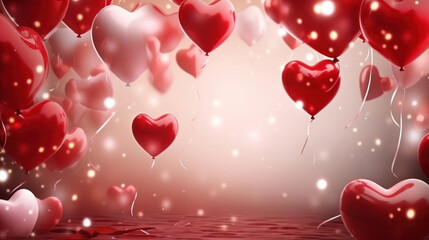 Festive romantic valentine background with bright red heart shaped balloons on blurred background