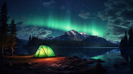 Camping tent near forest lake with clear night sky and Aurora borealis created with Generative AI Technology