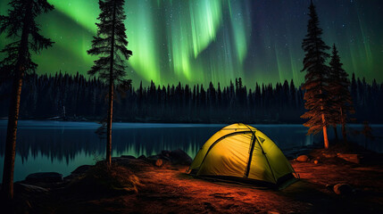 Camping tent near forest lake with clear night sky and Aurora borealis created with Generative AI Technology
