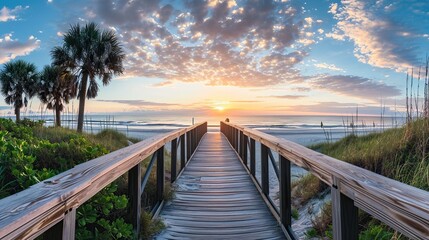 Panoramic view of the footbridge on the beach at sunrise - obrazy, fototapety, plakaty