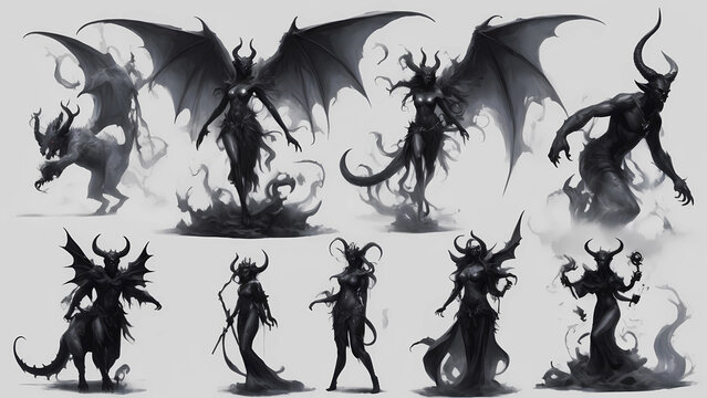 Set of various demons in the form of dark figures made of smoke isolated on white