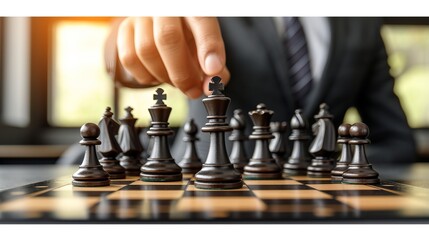 Businessman strategizing chess moves on chessboard for business strategy concept