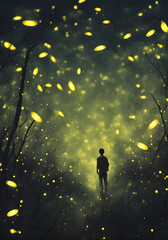 Fototapeta na wymiar person on the moon with fireflies