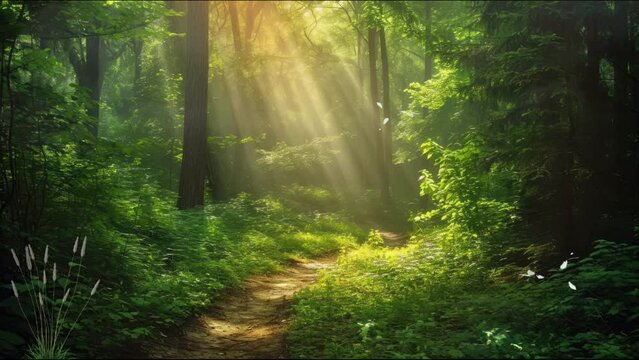 Pathways of Serenity.Forest with Sunlight, Mist, and Animated Butterflies - 4K Motion Graphic Looping Video Background, Wallpaper, and Backdrop