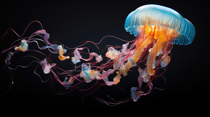 Colorful transparent jellyfish in various types in the middle of the dark ocean created with Generative AI Technology created with Generative AI Technology