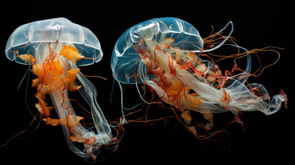 Colorful transparent jellyfish in various types in the middle of the dark ocean created with Generative AI Technology created with Generative AI Technology