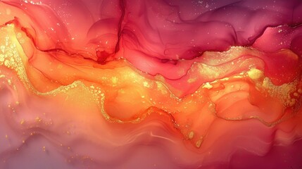Fluid Abstraction scape: Panoramic Luxury in Red, Gold, and Ink