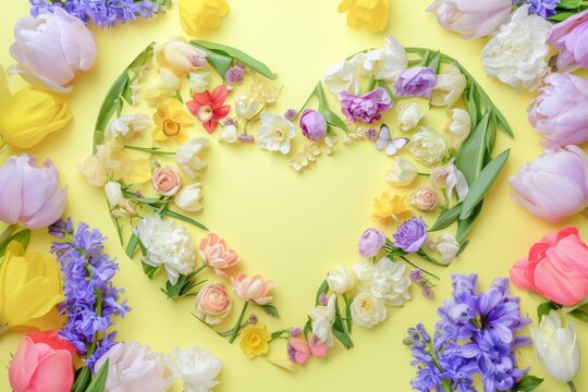 A heart-shaped arrangement of colorful flowers set against a vibrant yellow backdrop.