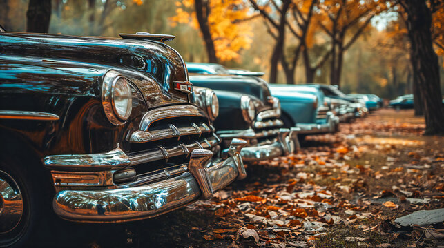 Polished vintage cars in a row, side view