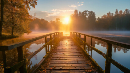 Fototapeta premium A misty morning over the lake with an old wooden bridge