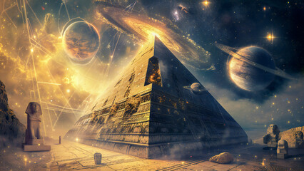 A pyramid of wisdom, surrounded by planets. Eternal temple of wisdom, esoteric, hermetic and cabal fantasy concept.