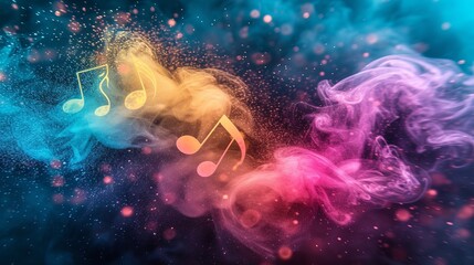 Captivating musical banner with melodic arrangement of notes and signs on abstract dark background.