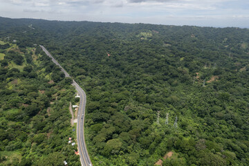 Green landscape with highway road and electrical tower