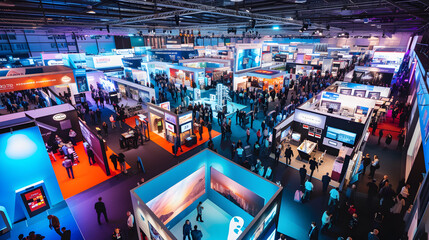A bustling IT business convention unfolds in a vibrant image, with exhibitors showcasing cutting-edge technologies. - obrazy, fototapety, plakaty