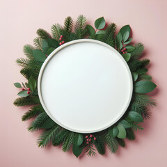 round frame with green christmas tree branch around and empty white center isolated on pastel pink background