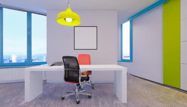 3D render interior design Office Room with table, chair, lamp, frame