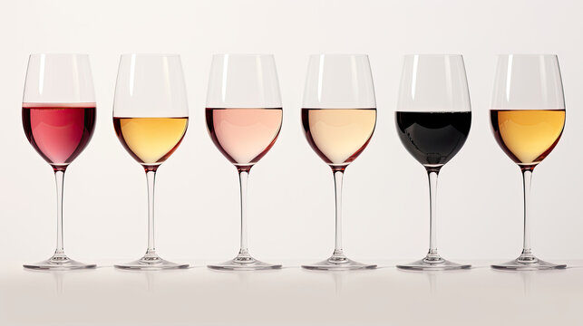 A set of colorful wine glasses neatly arranged and in a row isolated on a white background created with Generative AI Technology