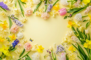 A heart-shaped arrangement of flowers displayed on a vibrant yellow background.