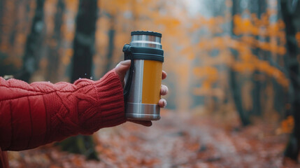 Woman hand holding thermos