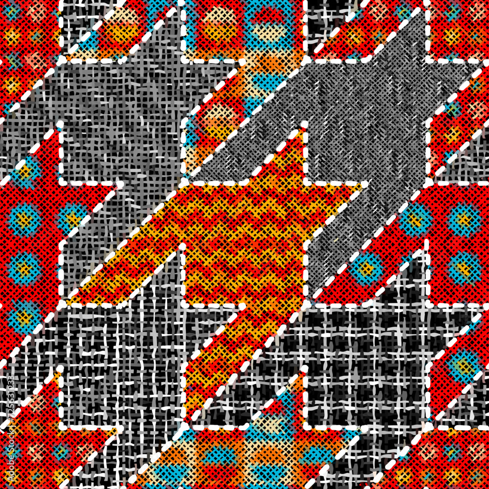 Poster Imitation of indian patchwork pattern with texture canvas Hounds-tooth pattern. Vector seamless illustration