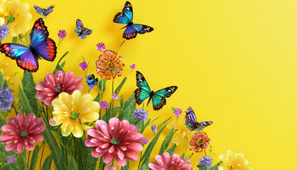 Beautiful colorful spring flowers with butterflies on vibrant yellow background with copy space. 3D Rendering, 3D Illustration