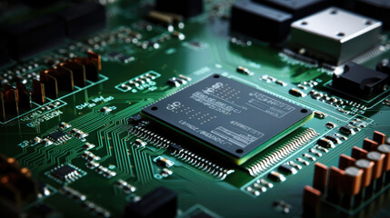 Obraz premium Surface Mount Technology green motherboard processor chip circuit board electronic machine circuit