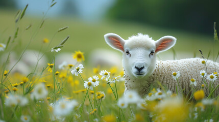 Fototapeta premium Cute lamb, baby sheep on the meadow.