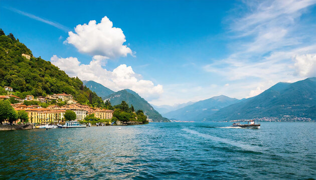 Beautiful scene of boat on lake Como in Italy. A big blue lake surrounded by green hill.