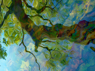Beautiful reflection of trees in water photo, art