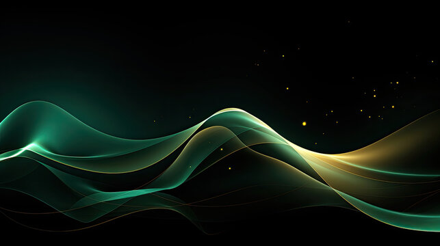 abstract minimalist solarization luxury curve lines green light wavy silver and gold on dark background