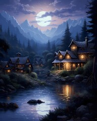 Cabin on the bank of a mountain river at night in the moonlight