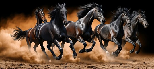 Horses galloping on dusty trail, dynamic scene of power and freedom, panoramic view with text space.