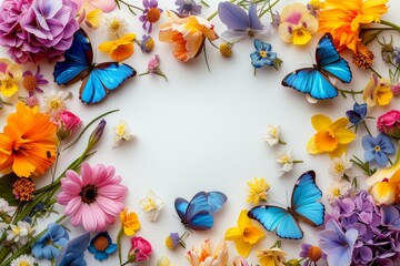 A collection of colorful flowers and butterflies buzzing around on a clean white background.
