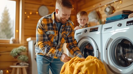Caring son assisting his father in loading a pile of dirty laundry into the washing machine at home