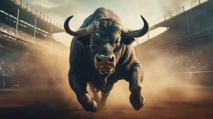 An aggressive black bull with long horns runs forward in a stadium with piles of dust around him created with Generative AI Technology