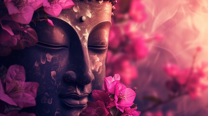 A serene Buddha statue's face partially veiled by soft pink flowers, evoking a sense of peace and spirituality. - obrazy, fototapety, plakaty