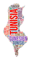 Tunisia country shape word cloud. Typography style country illustration. Tunisia image in text cloud style. Vector illustration.