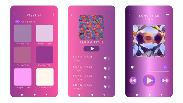 Mockup template for music player and display application charts for the most popular songs. Music playlist Template with pink violet two tone gradation theme and white background.