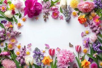 A collection of vibrant flowers arranged neatly in frame on a table, creating a burst of color and beauty.