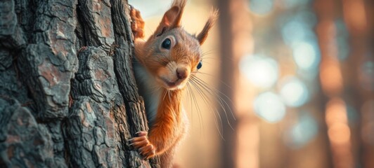 Wildlife animal photography background - Sweet crazy red squirrel (sciurus vulgaris) on a tree trunk in the forest - obrazy, fototapety, plakaty