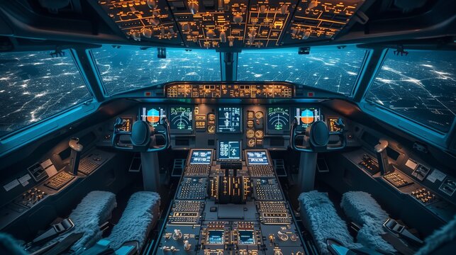 Civil airplane pilot flight deck interior with control panel and dashboard at evening time