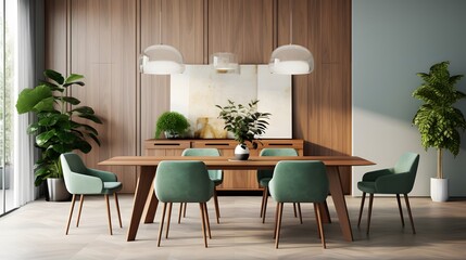 Interior design of modern dining room, wooden table and chairs 3d rendering