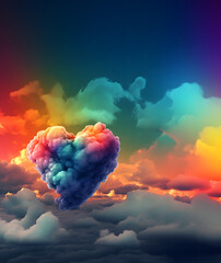 A heart-shaped cloud, painted in soft rainbow hues, drifts serenely across a clear blue sky.