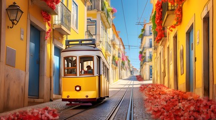 Lisbon, Portugal - Yellow tran on a street with colorful houses and flowers on the balconies - Bica Elevator going down the hill of Chiado. - obrazy, fototapety, plakaty