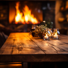Naklejka na ściany i meble wooden table with fireplace in background