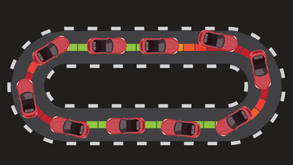 Fototapeta premium top view flat cartoon of car vehicle in curve and danger road