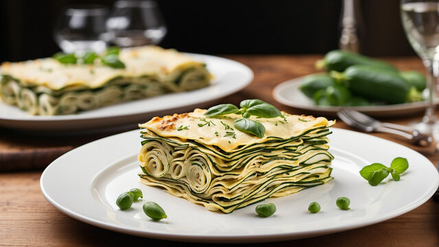 Evoking the aroma and visual allure of Zucchini Lasagna arranged on a classic plate, nestled against the natural grain of a wooden table