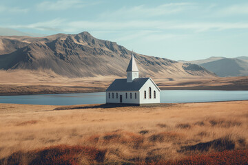 white church in front of a field with a hill - Powered by Adobe