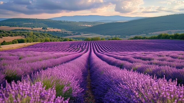 Panoramic view of lavender field at sunset