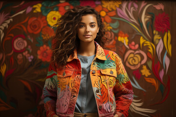Woman in denim jacket with colorful hand painted graffiti flowers, close up